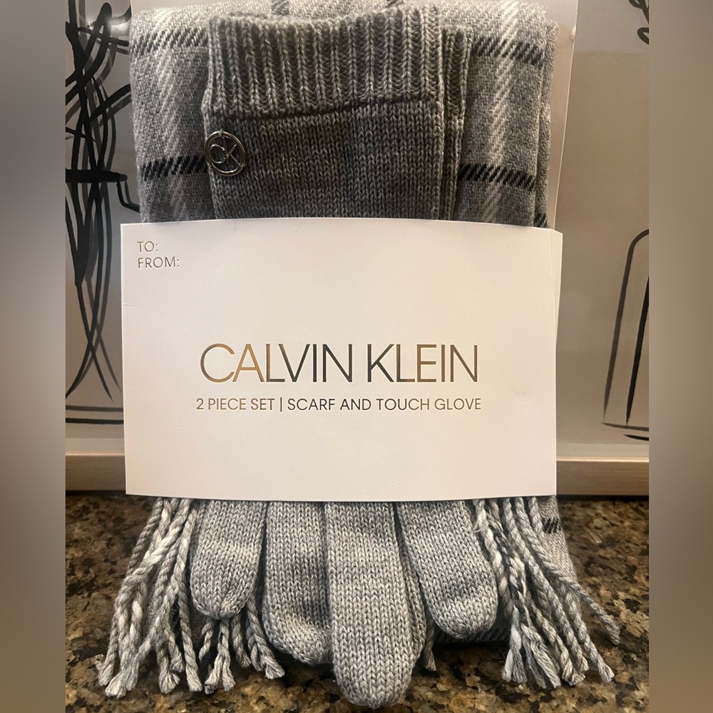 Calvin Klein Silver and Black Scarf and Glove Set
